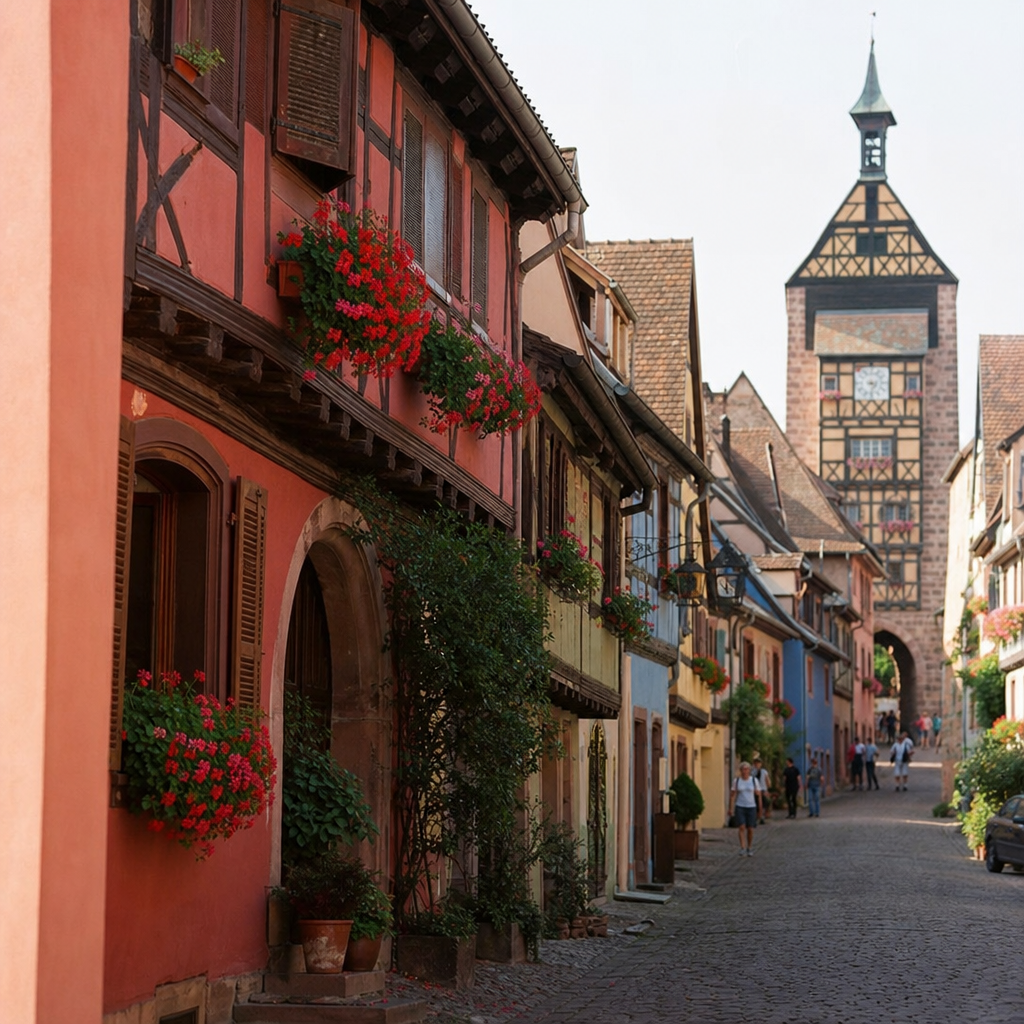A narrow street of half-timbered houses in an Alsatian wine village